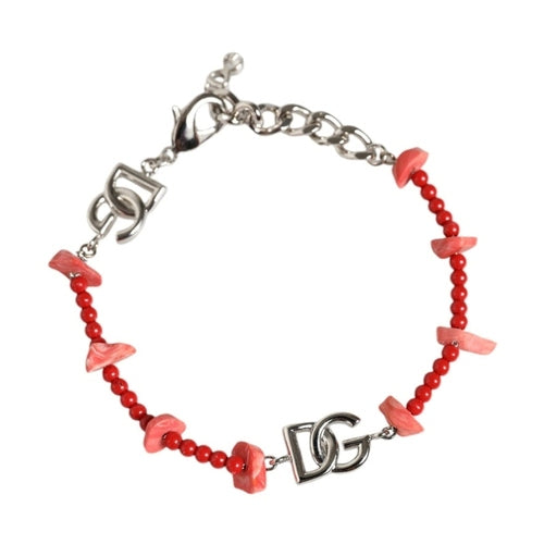 Dolce & Gabbana Silver Tone Brass Beaded Resin DG Logo Chain Bracelet