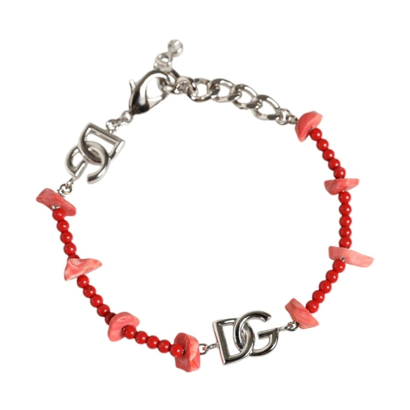 Dolce & Gabbana Silver Tone Brass Beaded Resin DG Logo Chain Bracelet