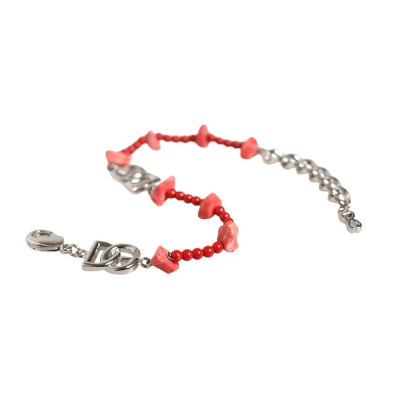 Dolce & Gabbana Silver Tone Brass Beaded Resin DG Logo Chain Bracelet