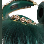 Dolce & Gabbana Green Gold Crystal Fur Headset Audio AUX Headphones