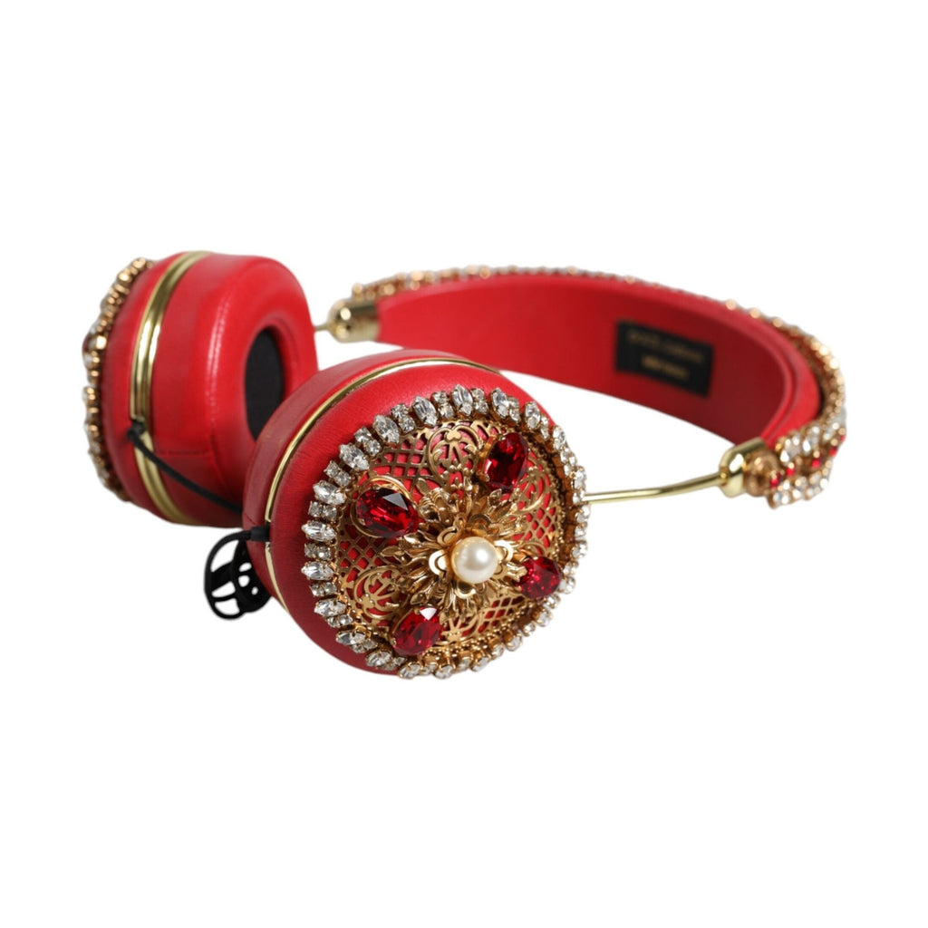 Dolce & Gabbana Red Nappa Leather Floral Crystal Headphone