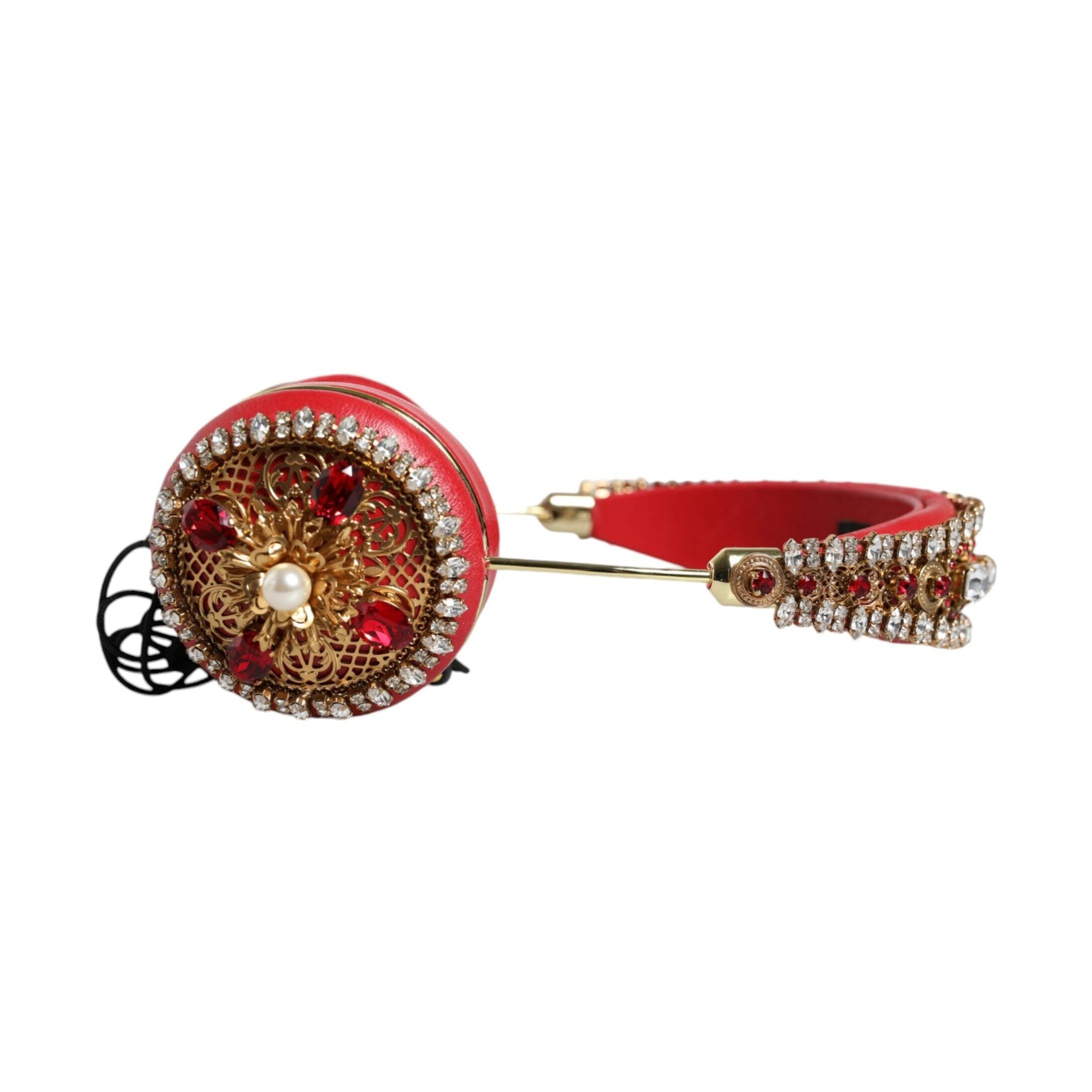 Dolce & Gabbana Red Nappa Leather Floral Crystal Headphone