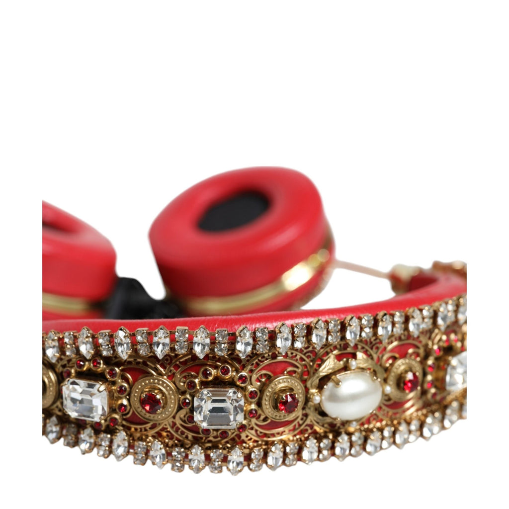 Dolce & Gabbana Red Nappa Leather Floral Crystal Headphone