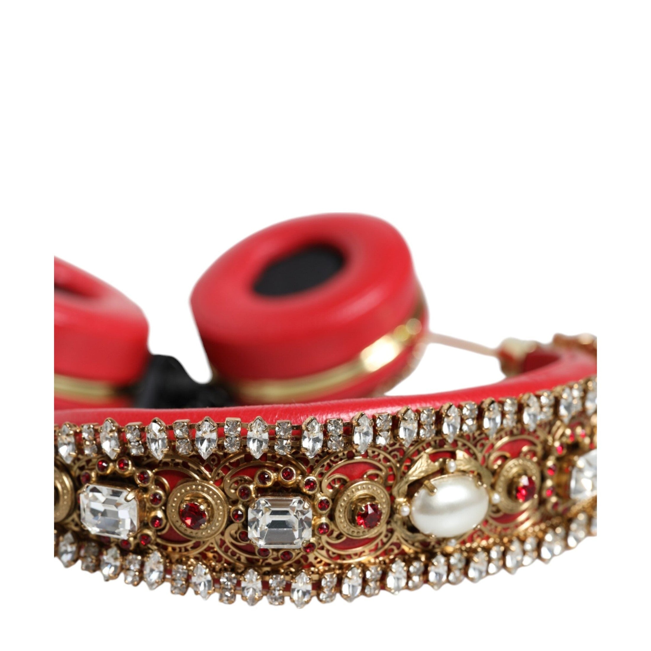 Dolce & Gabbana Red Nappa Leather Floral Crystal Headphone