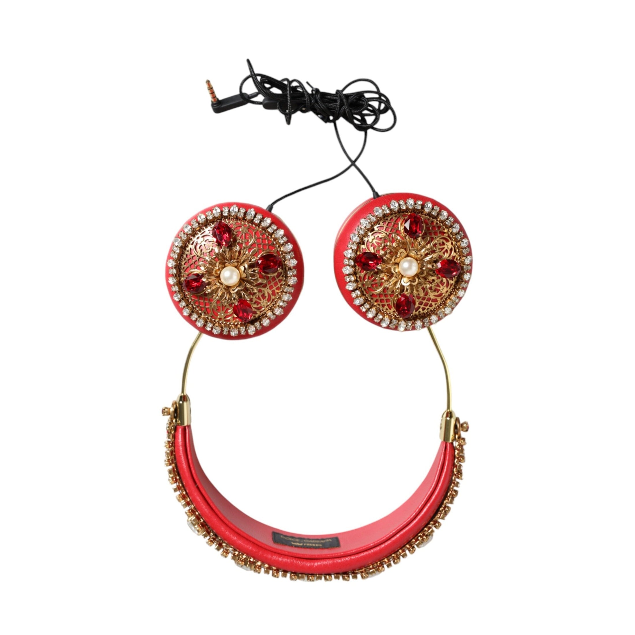 Dolce & Gabbana Red Nappa Leather Floral Crystal Headphone