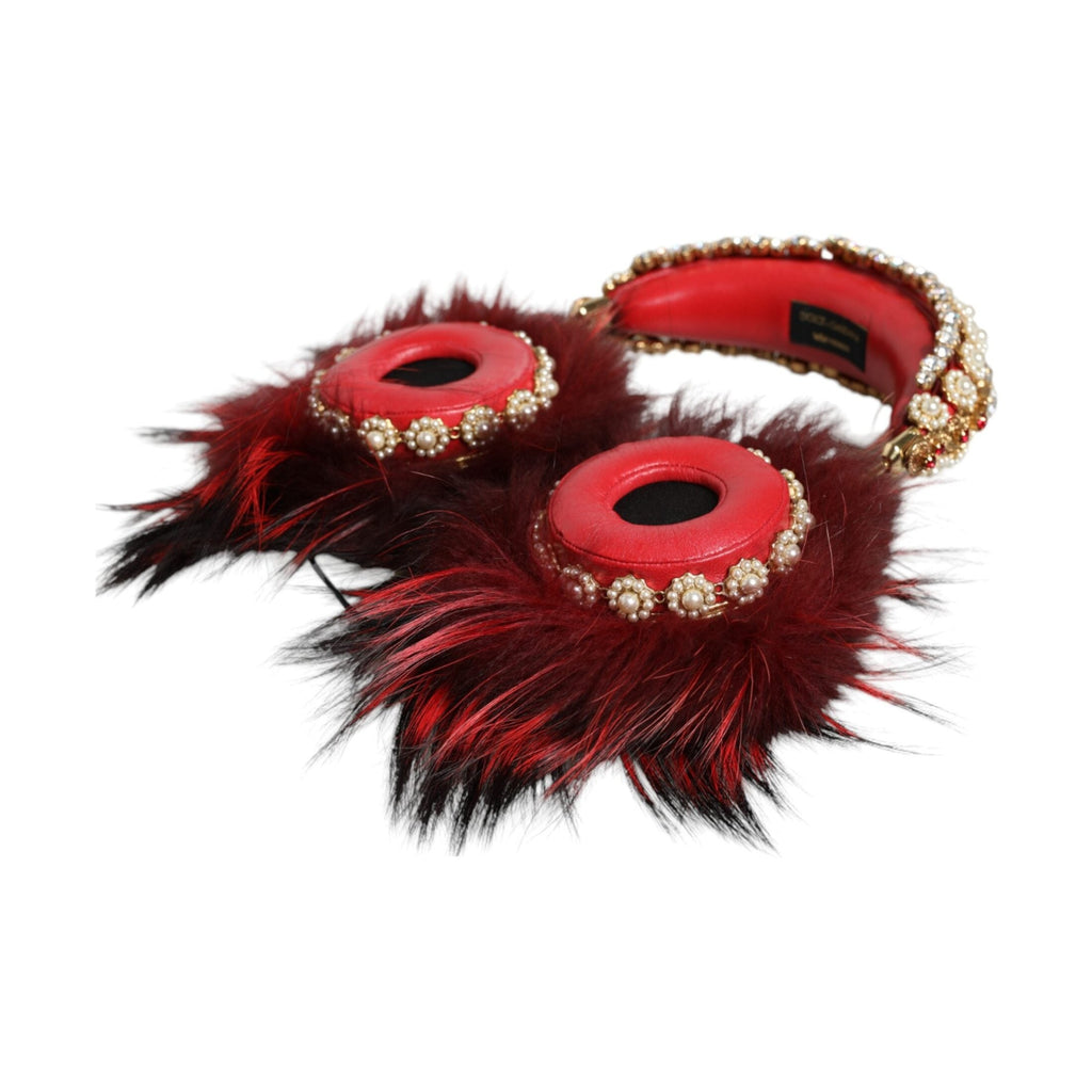 Dolce & Gabbana Red Gold Crystal Fur Headset Audio AUX Headphones