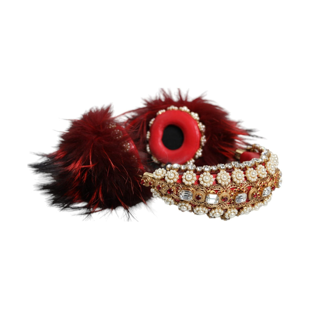 Dolce & Gabbana Red Gold Crystal Fur Headset Audio AUX Headphones