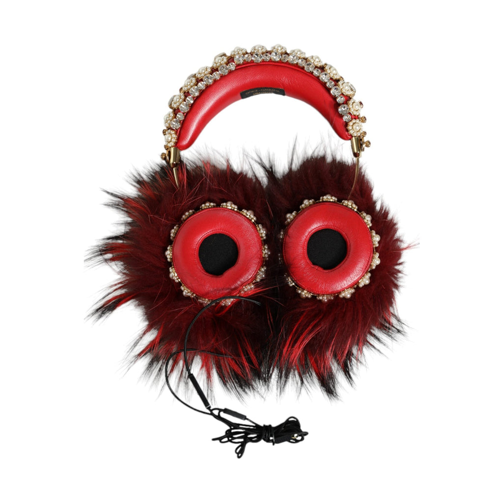 Dolce & Gabbana Red Gold Crystal Fur Headset Audio AUX Headphones