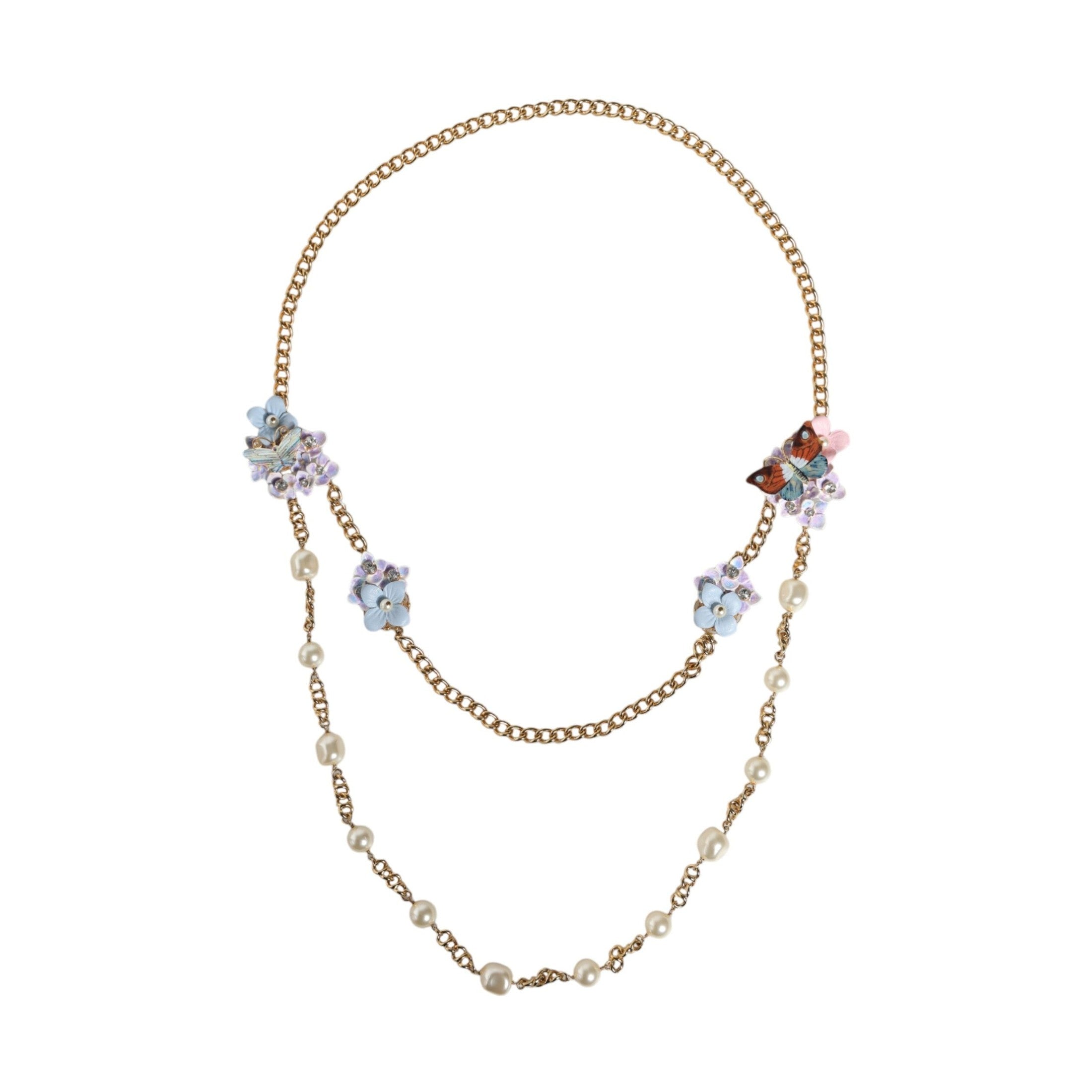 Dolce & Gabbana Gold Chain Brass Floral Layered Crystal Pearl Necklace