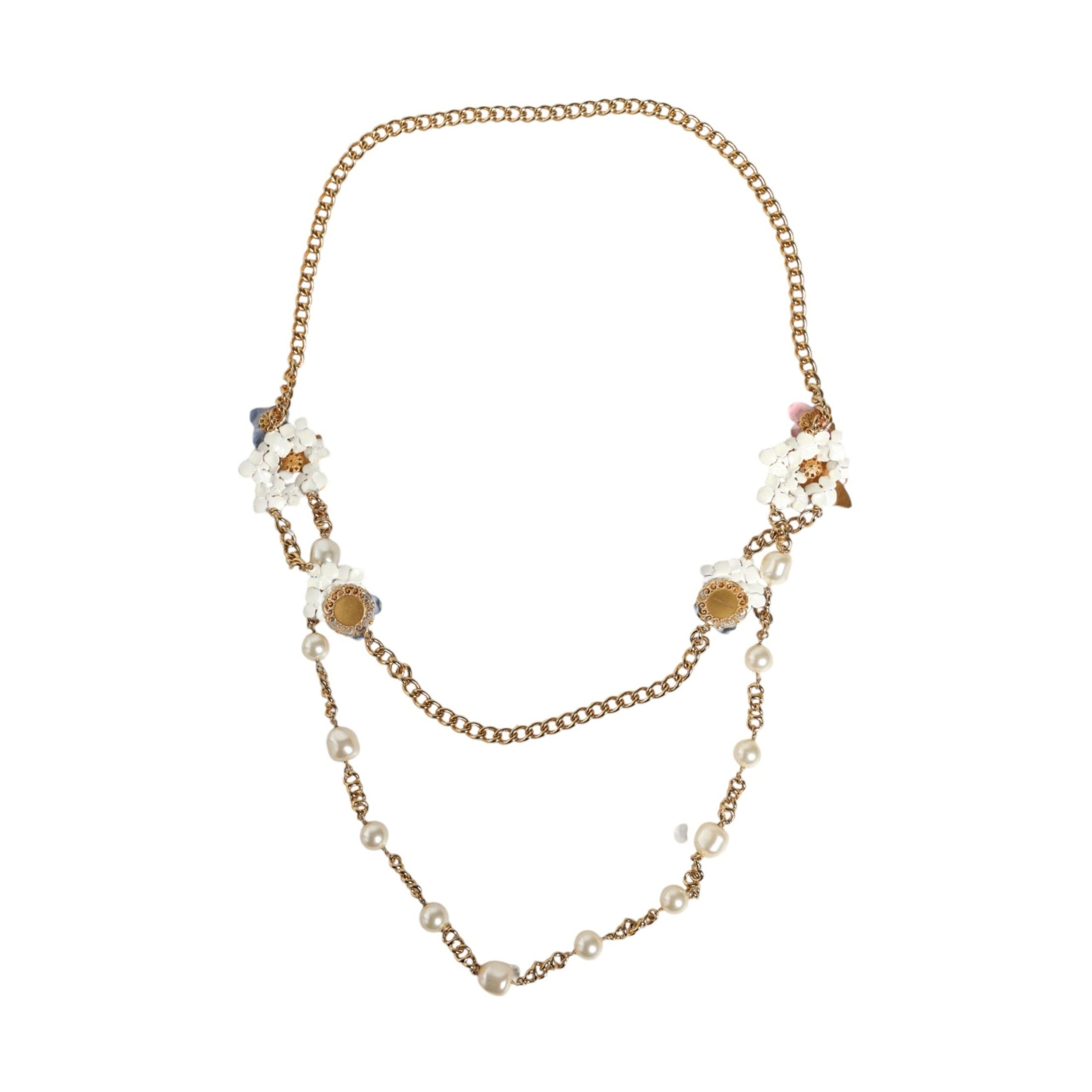 Dolce & Gabbana Gold Chain Brass Floral Layered Crystal Pearl Necklace