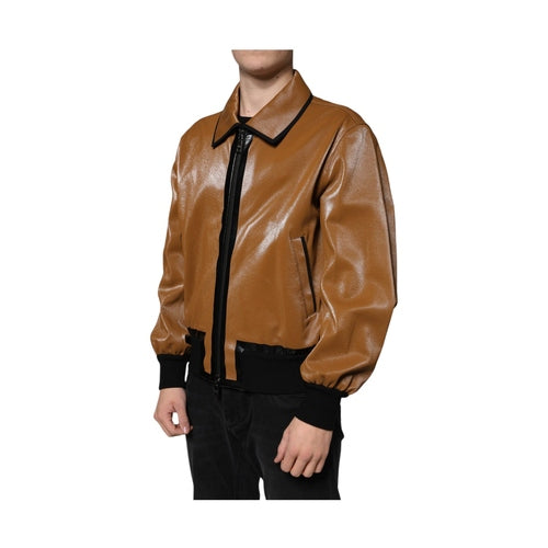 Dolce & Gabbana Brown Leather Full Zip Men Bomber Jacket
