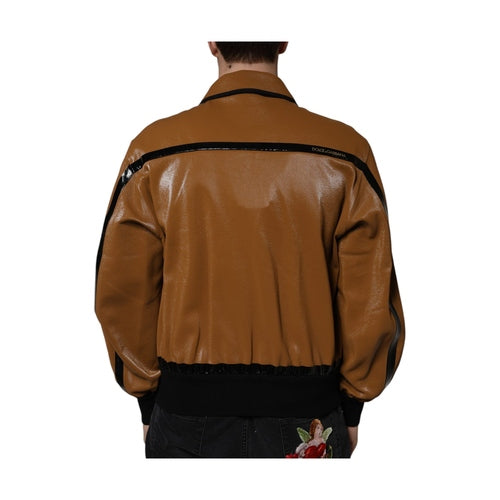 Dolce & Gabbana Brown Leather Full Zip Men Bomber Jacket