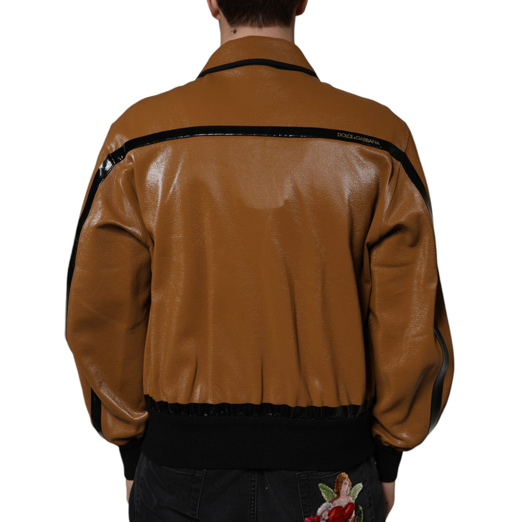 Brown Leather Full Zip Men Bomber Jacket