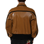 Brown Leather Full Zip Men Bomber Jacket