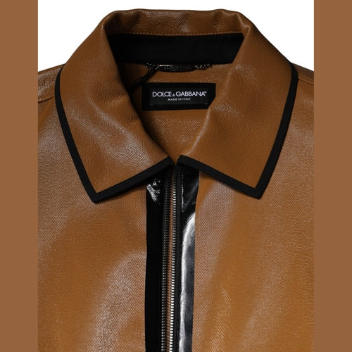 Dolce & Gabbana Brown Leather Full Zip Men Bomber Jacket