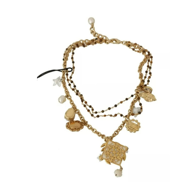 Dolce & Gabbana Gold Brass Crystal Floral Statement Charms Necklace