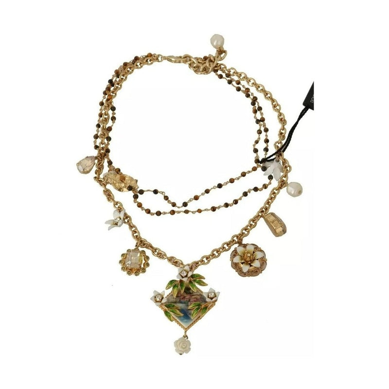 Dolce & Gabbana Gold Brass Crystal Floral Statement Charms Necklace