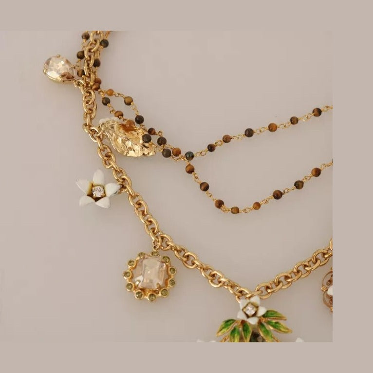 Dolce & Gabbana Gold Brass Crystal Floral Statement Charms Necklace