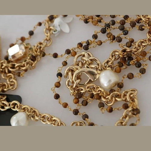 Dolce & Gabbana Gold Brass Crystal Floral Statement Charms Necklace