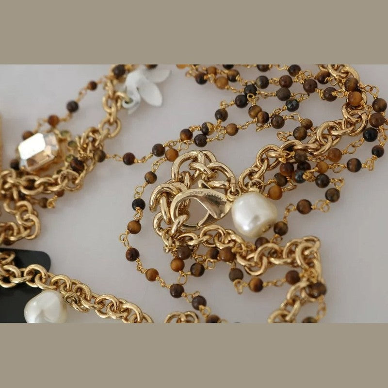 Dolce & Gabbana Gold Brass Crystal Floral Statement Charms Necklace