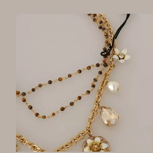 Dolce & Gabbana Gold Brass Crystal Floral Statement Charms Necklace