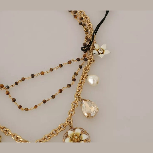 Dolce & Gabbana Gold Brass Crystal Floral Statement Charms Necklace