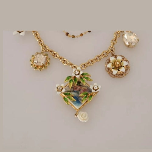 Dolce & Gabbana Gold Brass Crystal Floral Statement Charms Necklace