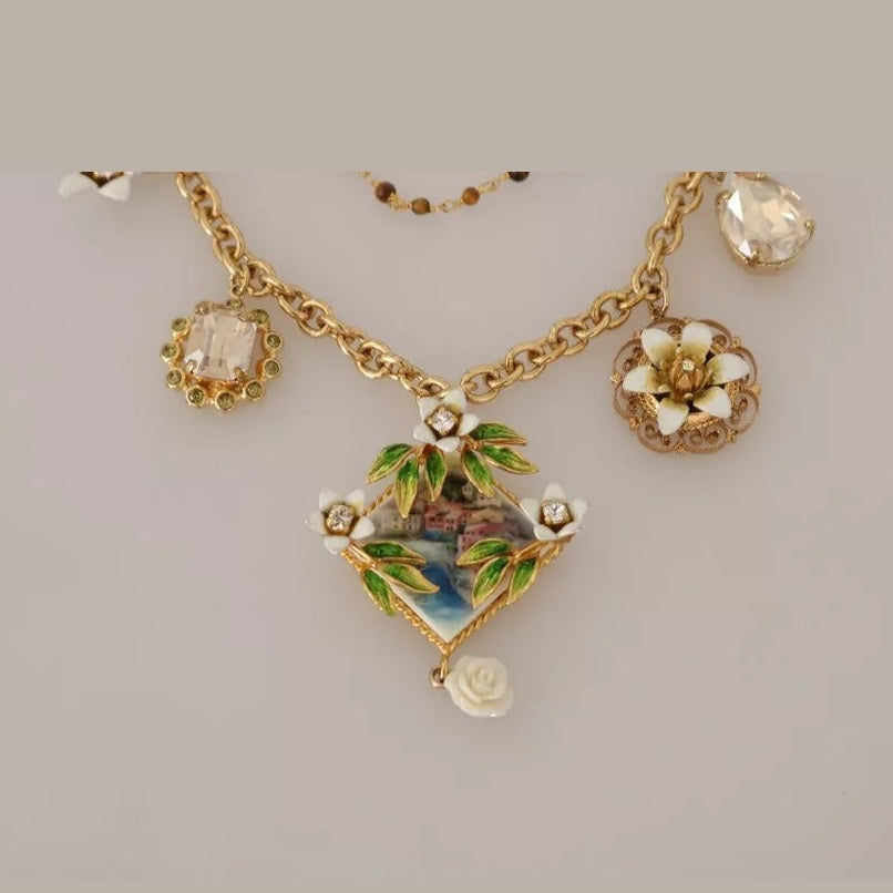 Dolce & Gabbana Gold Brass Crystal Floral Statement Charms Necklace