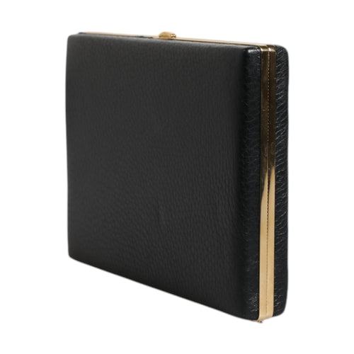 Black Leather Gold Frame Clutch Evening Party Purse Bag