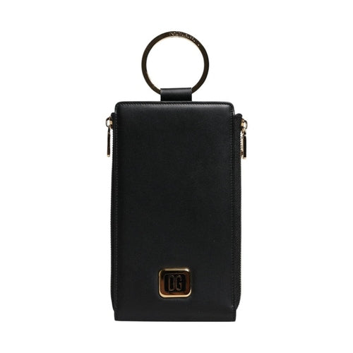 Dolce & Gabbana Black Leather Logo Plaque Neck Strap Card Coin Wallet