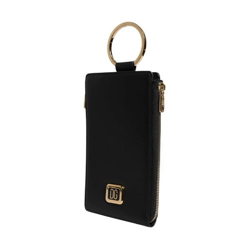 Dolce & Gabbana Black Leather Logo Plaque Neck Strap Card Coin Wallet