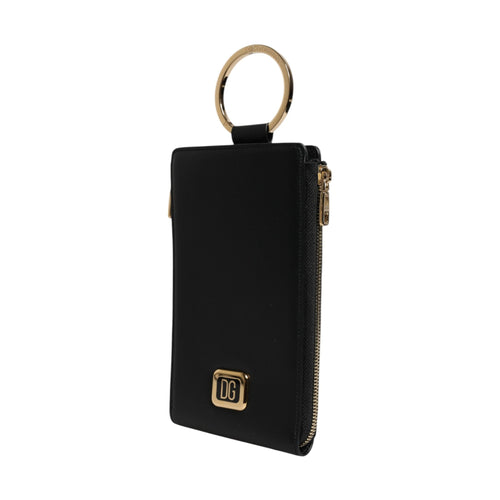 Black Leather Logo Plaque Neck Strap Card Coin Wallet