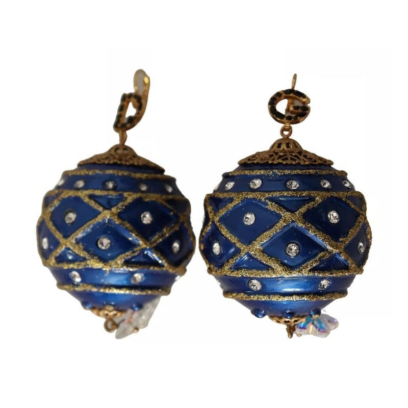 Dolce & Gabbana Gold Brass Blue Christmas Ball Crystal Hook Jewelry Earrings