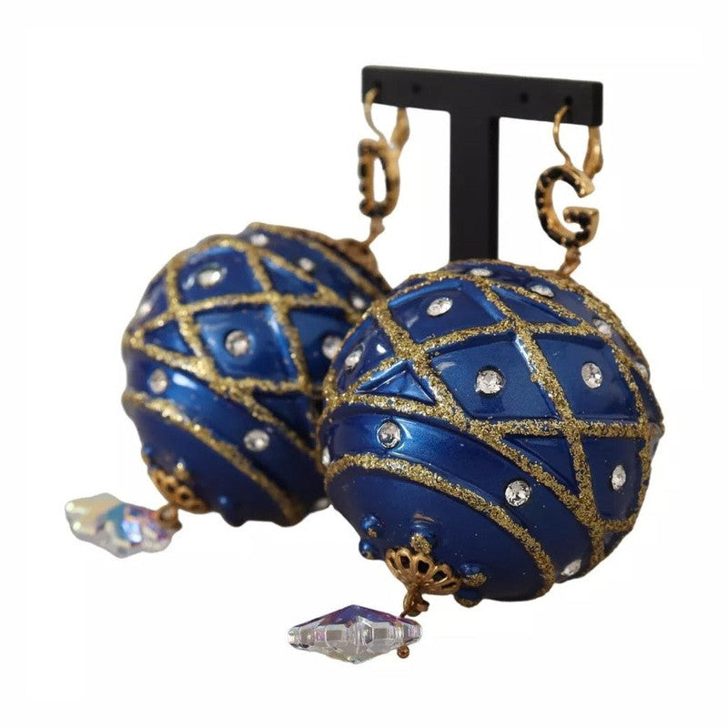 Dolce & Gabbana Gold Brass Blue Christmas Ball Crystal Hook Jewelry Earrings