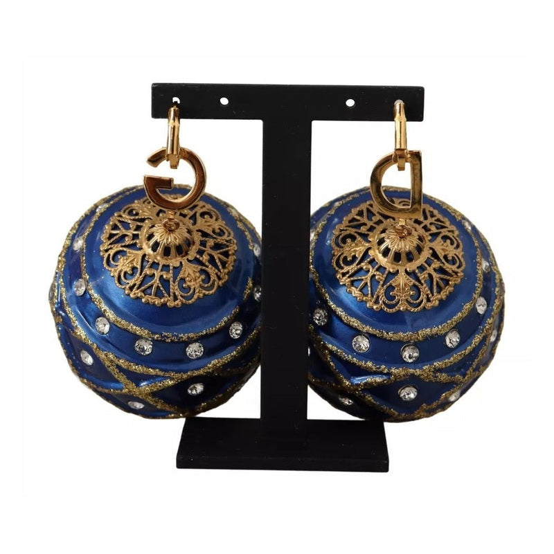 Dolce & Gabbana Gold Brass Blue Christmas Ball Crystal Hook Jewelry Earrings