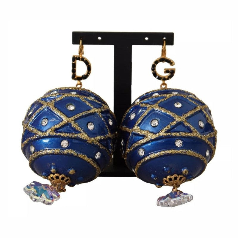 Dolce & Gabbana Gold Brass Blue Christmas Ball Crystal Hook Jewelry Earrings