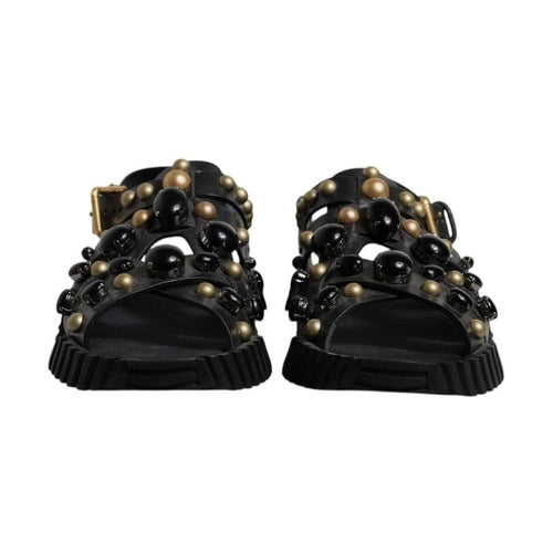 Dolce & Gabbana Black Leather Studded Slides Sandals Shoes