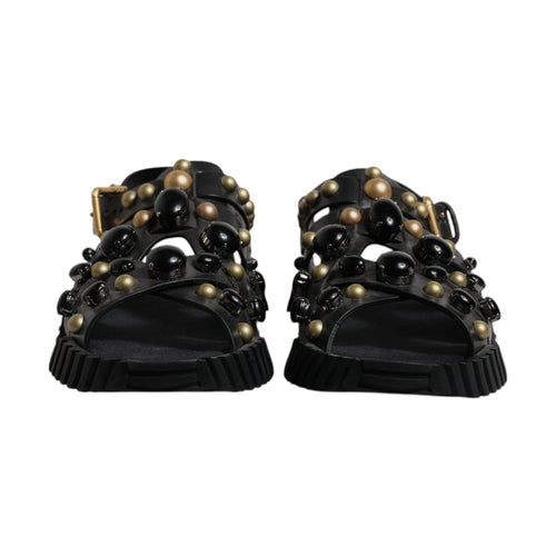Black Leather Studded Slides Sandals Shoes