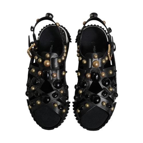 Dolce & Gabbana Black Leather Studded Slides Sandals Shoes