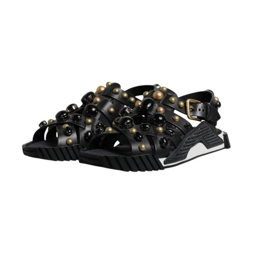 Dolce & Gabbana Black Leather Studded Slides Sandals Shoes