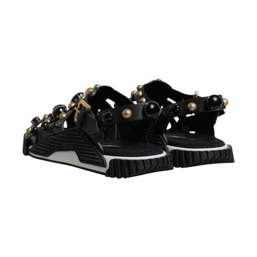 Dolce & Gabbana Black Leather Studded Slides Sandals Shoes