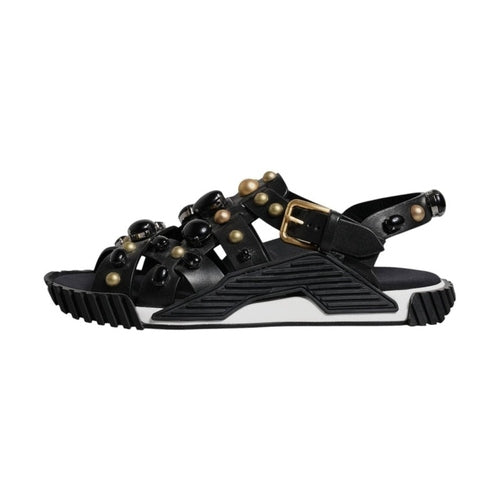 Dolce & Gabbana Black Leather Studded Slides Sandals Shoes