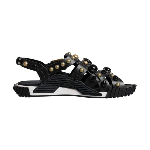 Dolce & Gabbana Black Leather Studded Slides Sandals Shoes