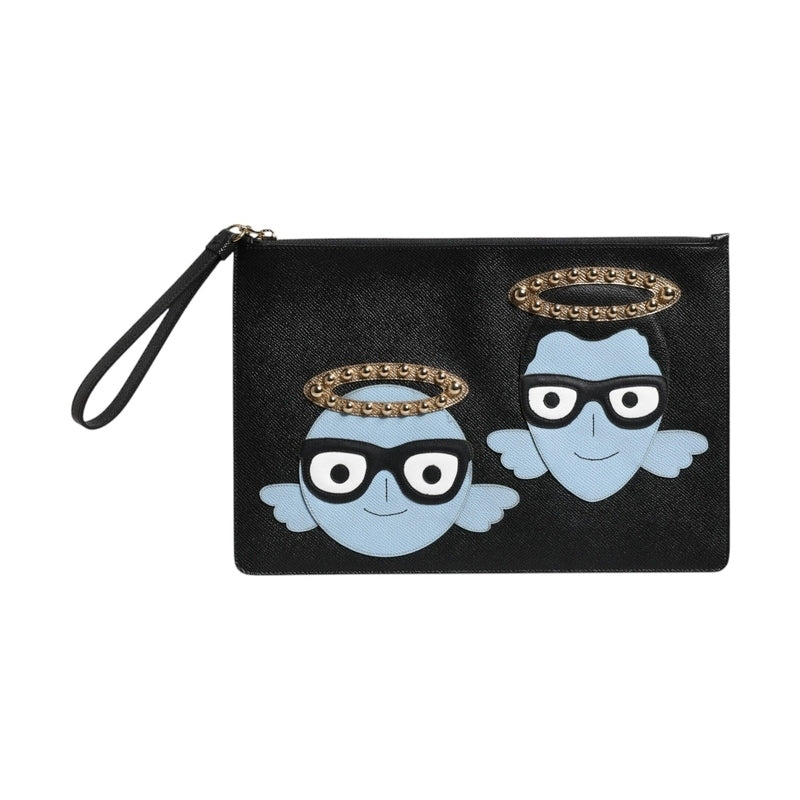 Dolce & Gabbana Black Leather #DGFAMILY Embellished Men Zip Pouch Bag