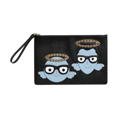 Dolce & Gabbana Black Leather #DGFAMILY Embellished Men Zip Pouch Bag