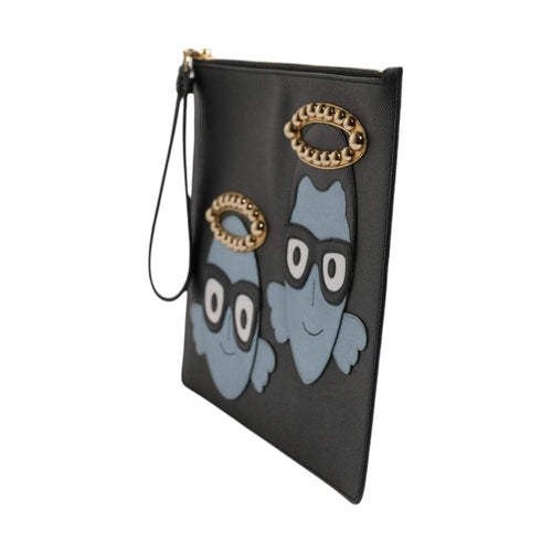 Dolce & Gabbana Black Leather #DGFAMILY Embellished Men Zip Pouch Bag