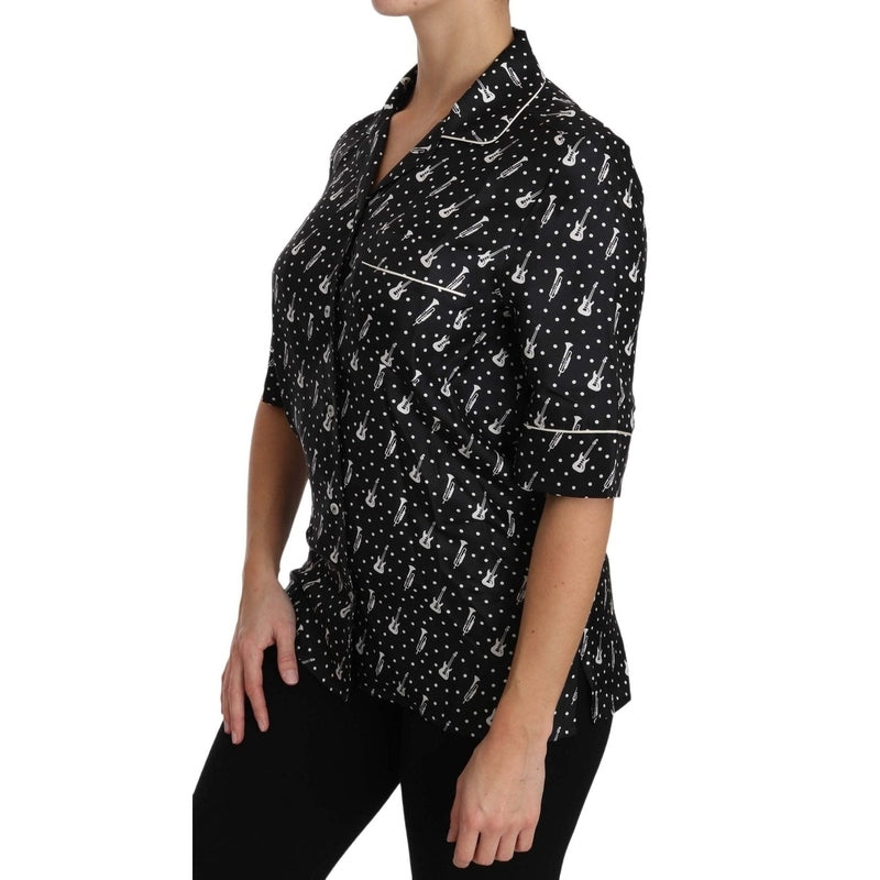 Dolce & Gabbana Black GuitarTrumpet Print Silk Shirt Top
