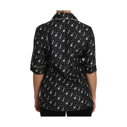 Dolce & Gabbana Black GuitarTrumpet Print Silk Shirt Top