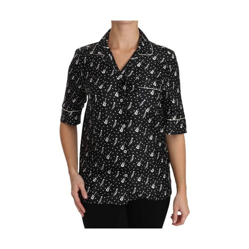 Dolce & Gabbana Black GuitarTrumpet Print Silk Shirt Top