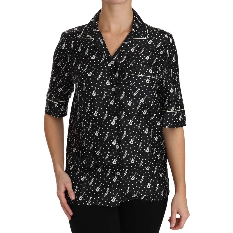 Dolce & Gabbana Black GuitarTrumpet Print Silk Shirt Top
